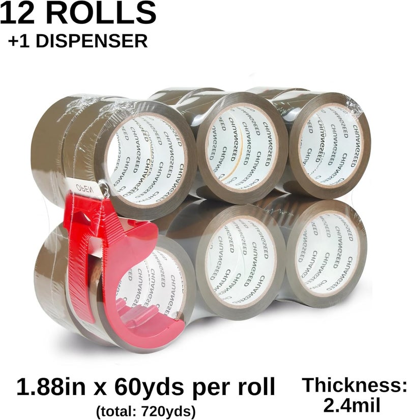 CHUANGSEED 12-Pack Brown Packing Tape with Dispenser, 2.4 Mil 1.88 Inch x 60 Yards,Total 720yds,12 Refills Rolls Packaging Tape for Moving, Shipping and Storage - Image 2
